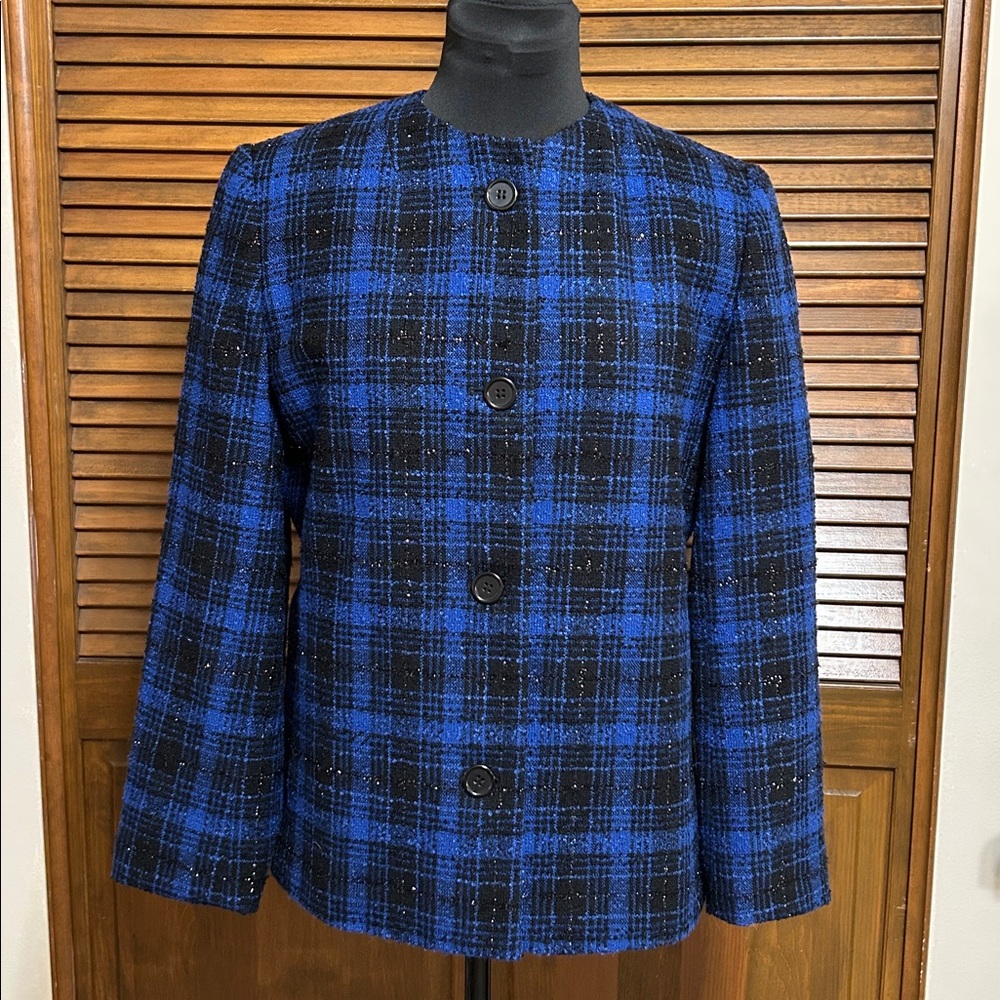 Preston & York Royal Blue & Black Plaid Wool Metallic Thread Jacket Size 8